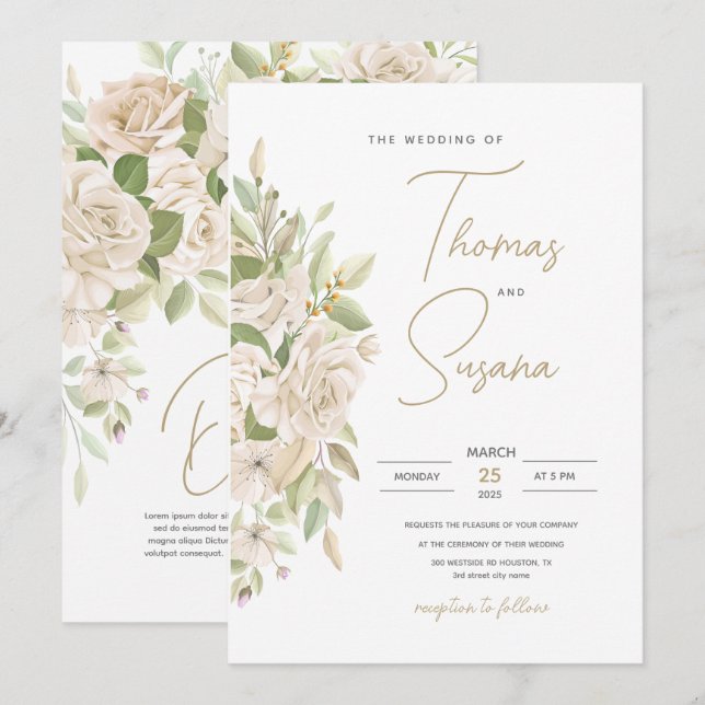 Faire-part de mariage floral blanc, mariage verdur (Devant / Derrière)