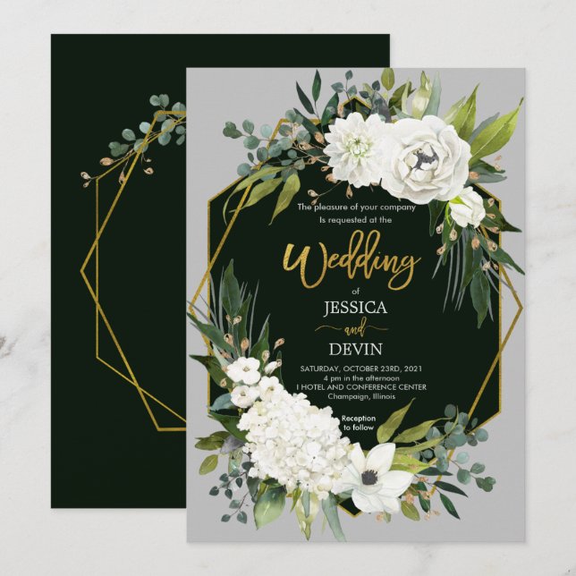 Faire-part de mariage Floral Blanc Moderne Or Gris (Devant / Derrière)