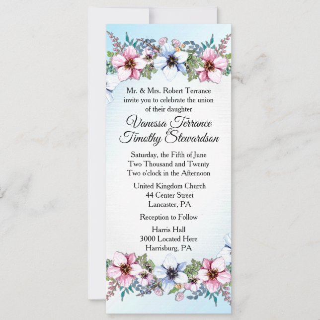 Faire-part de mariage floral bleu (Devant)