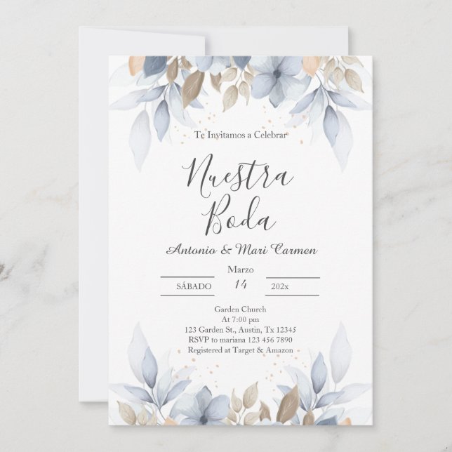 Faire-part de mariage Floral Bleu (Devant)