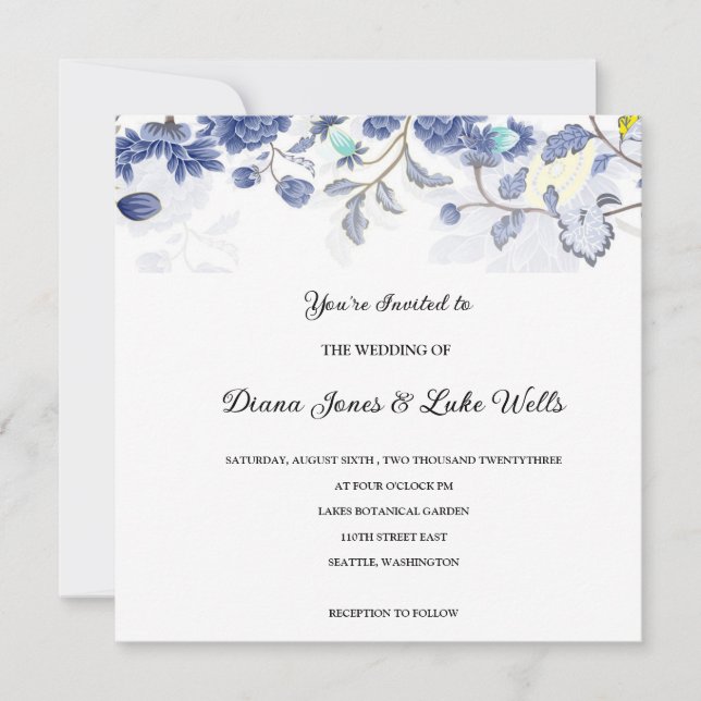 Faire-part de mariage Floral Bleu (Devant)