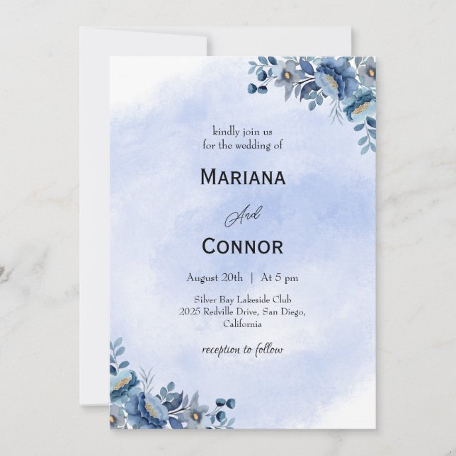 Faire-part de mariage floral bleu aquarelle (Devant)