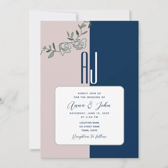 Faire-part de mariage floral bleu bleu bleu rose (Devant)