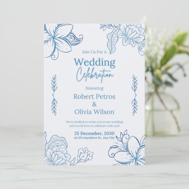 Faire-part de mariage Floral bleu classique (Debout devant)