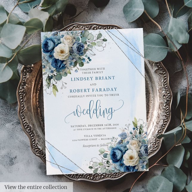 Faire-part de mariage floral bleu-doré moderne (Modern Dusty Blue Silver Floral Wedding Invitation)