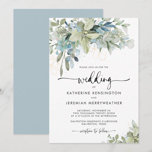 Faire-part de mariage floral bleu doux romantique (Devant / Derrière)