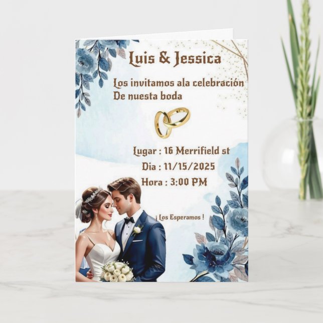 Faire-part de mariage floral bleu élégant (Devant)