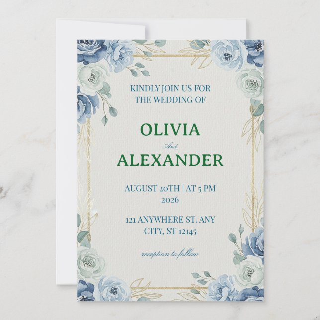 Faire-part de mariage floral Bleu élégant (Devant)