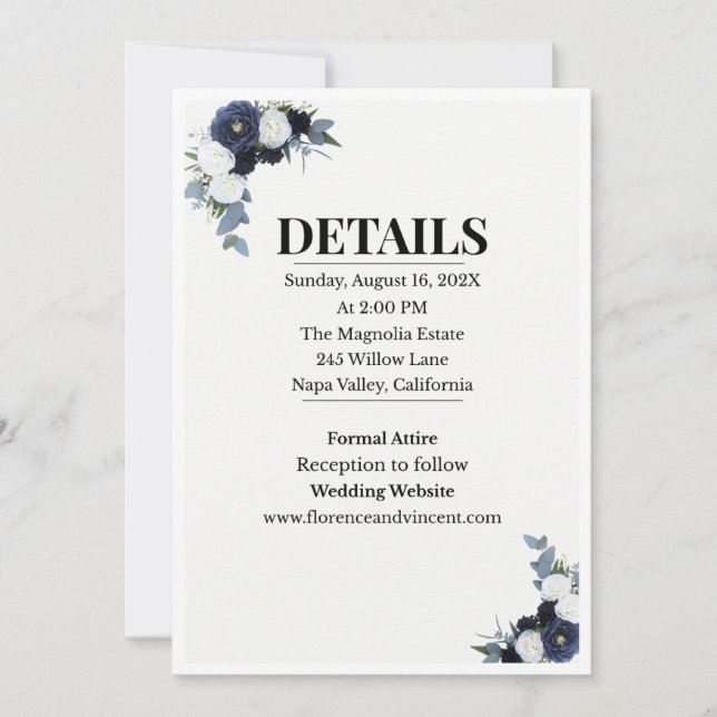 Faire-part de mariage floral bleu élégant (Devant)