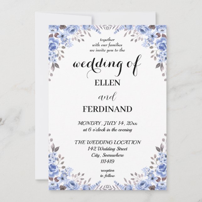 Faire-part de mariage floral bleu élégant (Devant)
