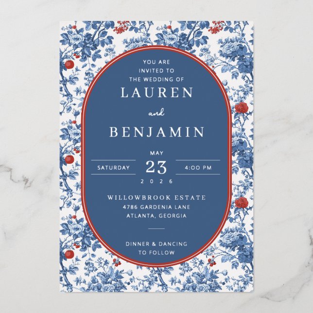 Faire-part de mariage floral bleu élégant (Recto)