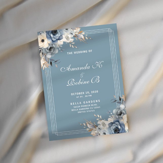Faire-part de mariage floral bleu et blanc Dusty (Créateur téléchargé)