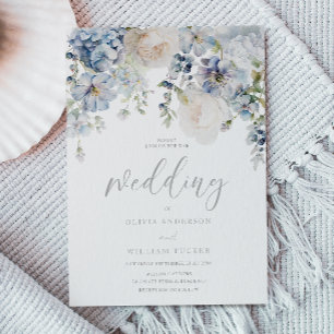 Faire-part de mariage floral bleu et blanc Dusty