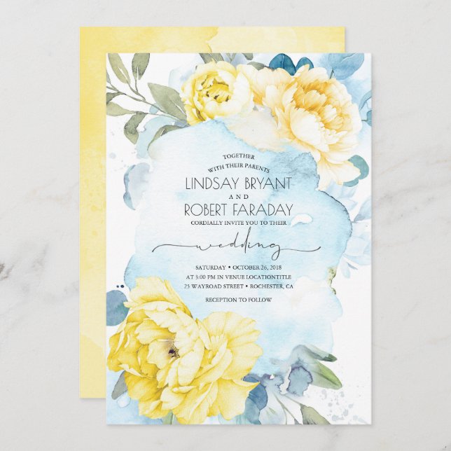 Faire-part de mariage floral bleu et jaune poussié (Devant / Derrière)