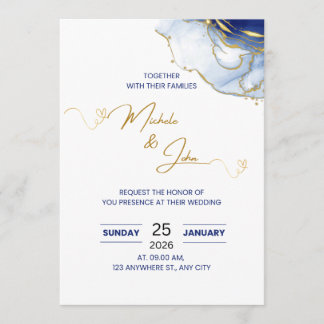 Faire-part de mariage floral bleu et or élégant |