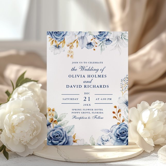 Faire-part de mariage floral bleu et or moderne (Modern Blue and Gold Floral Wedding Invitation on a boho table with white peonies)
