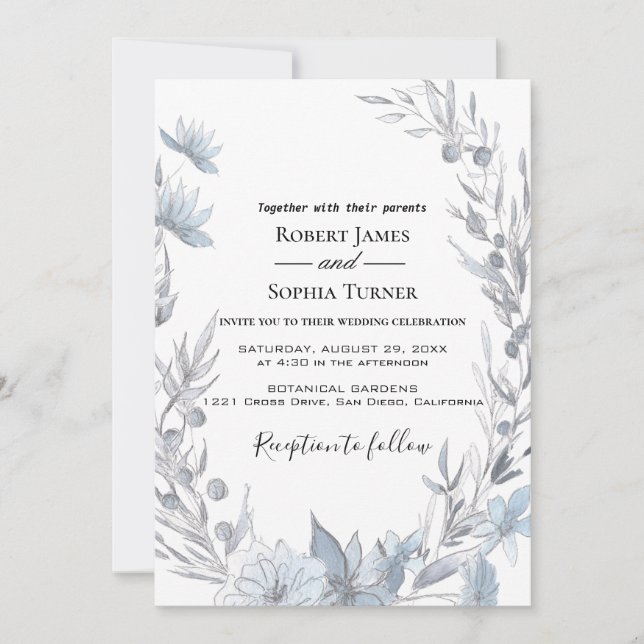 Faire-part de mariage floral bleu foncé (Devant)