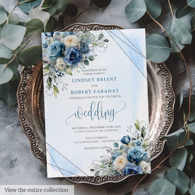Faire-part de mariage floral bleu foncé rustique (Rustic Dusty Blue Silver Floral Wedding Invitation)