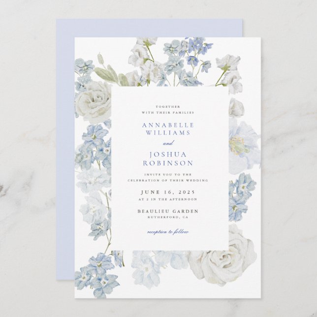 Faire-part de mariage Floral bleu français (Devant / Derrière)
