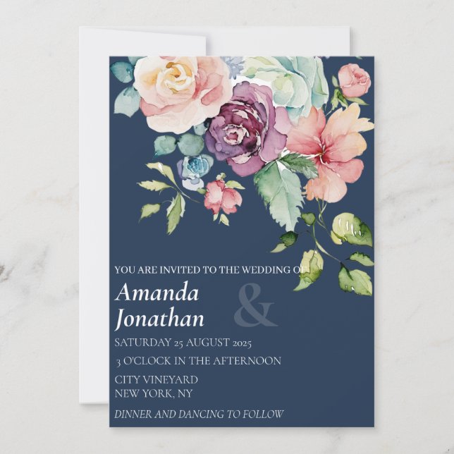 Faire-part de mariage floral bleu marine (Devant)