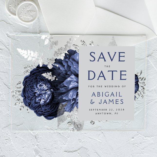 Faire-part de mariage Floral Bleu Marine Argent (Créateur téléchargé)