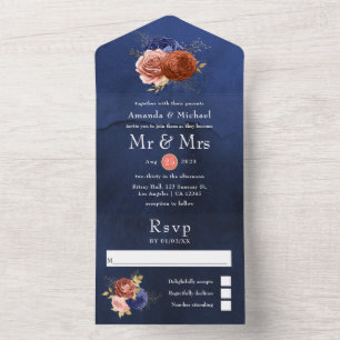 Faire-part de mariage floral bleu marine et corail