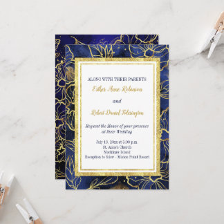 Faire-part de mariage floral bleu marine et or