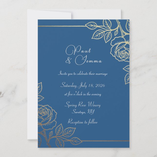 Faire-part de mariage floral bleu marine et or (Devant)