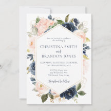 Faire-part de mariage floral bleu marine et rose p