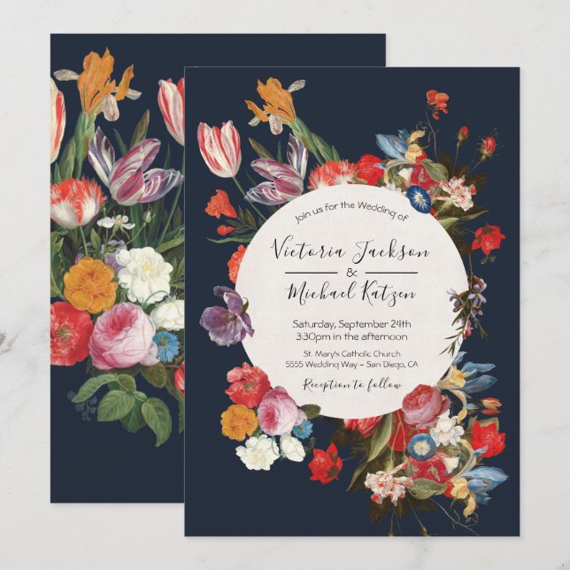 Faire-part de mariage floral bleu marine foncé et  (Devant / Derrière)