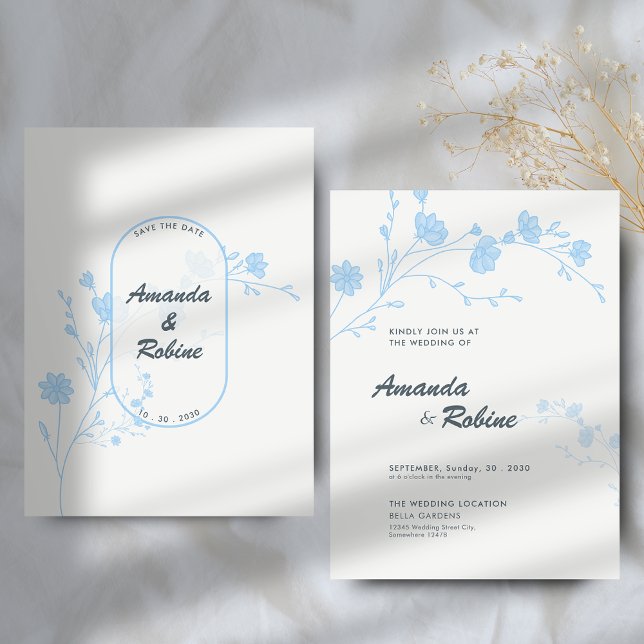Faire-part de mariage Floral bleu minimaliste (Créateur téléchargé)