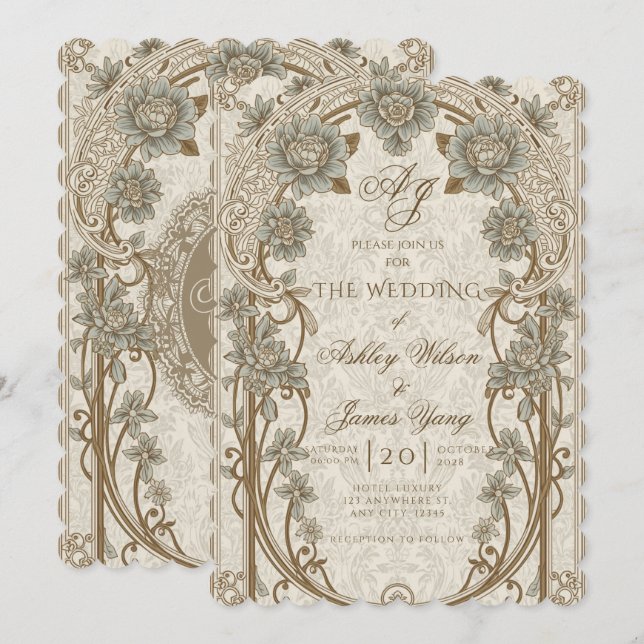 Faire-part de mariage floral bleu or (Devant / Derrière)