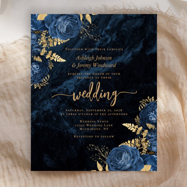 Faire-part de mariage floral bleu or à petit budge (Créateur téléchargé)