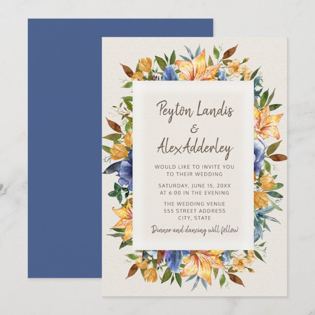 Faire-part de mariage floral bleu orange moderne e (Devant / Derrière)