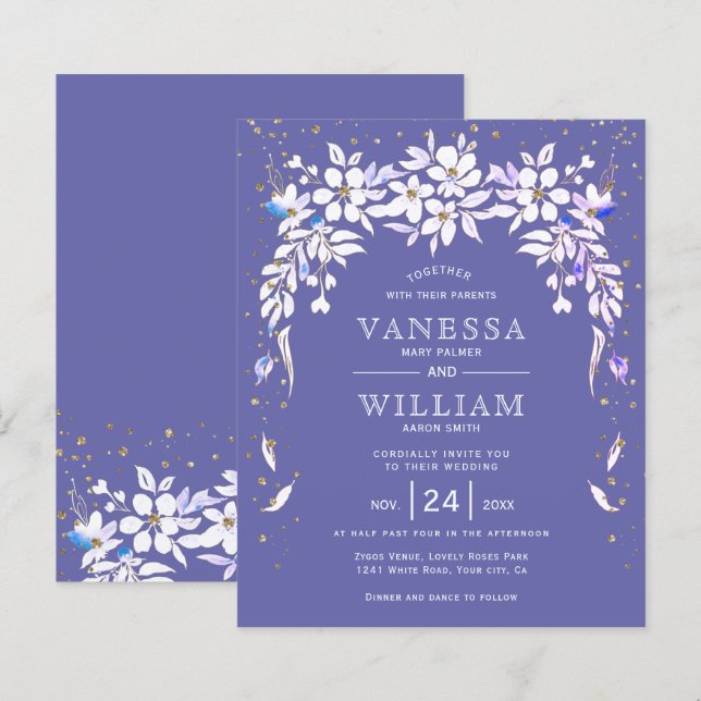 Faire-part de mariage floral bleu pervenche BUDGET (Devant / Derrière)
