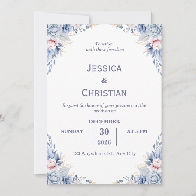 Faire-part de mariage floral bleu poussiéreux  (Devant)