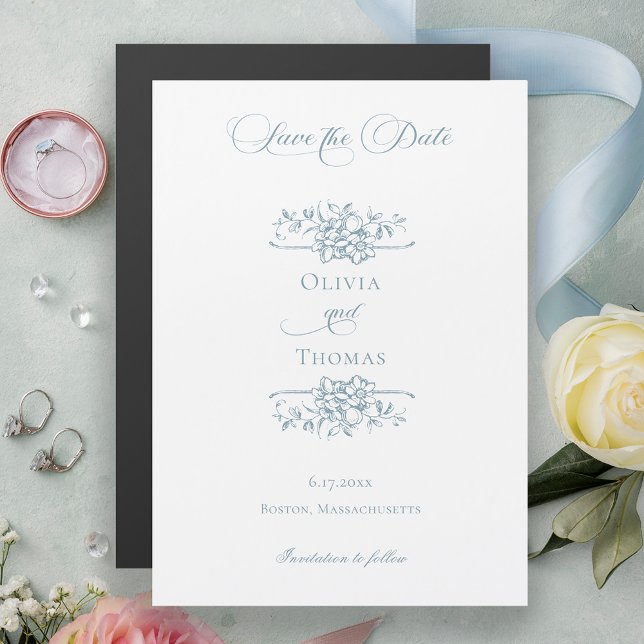 Faire-part de mariage floral bleu poussiéreux (Créateur téléchargé)