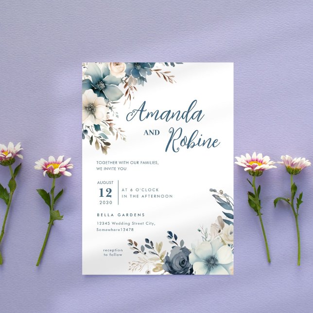 Faire-part de mariage floral bleu poussiéreux (Créateur téléchargé)