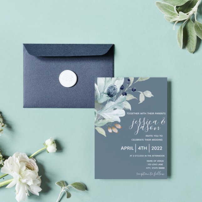 Faire-part de mariage floral bleu poussiéreux (Créateur téléchargé)