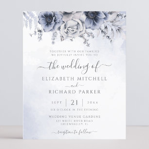 Faire-part de mariage floral bleu poussiéreux Navy