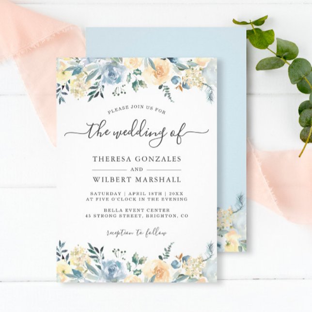 Faire-part de mariage floral bleu vanille bohème (Créateur téléchargé)
