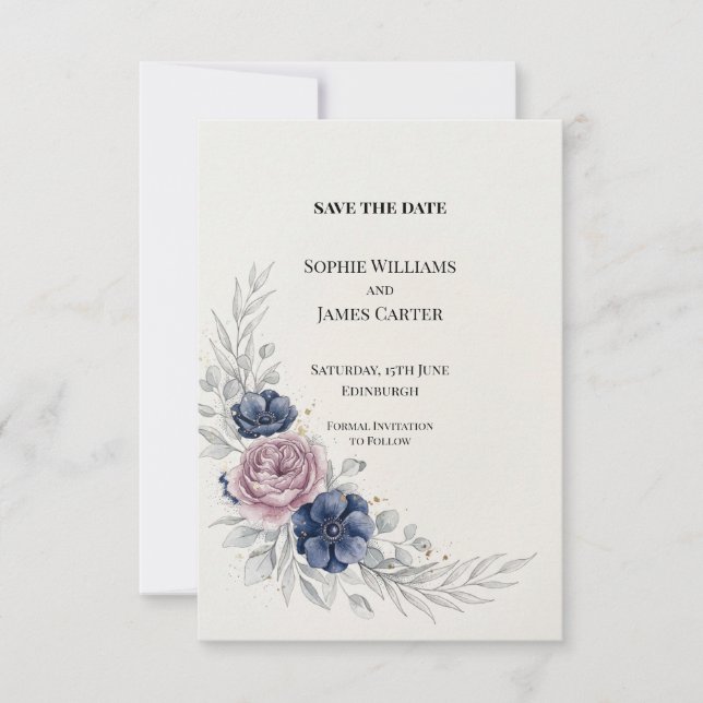 Faire-part de mariage floral bleu violet (Devant)