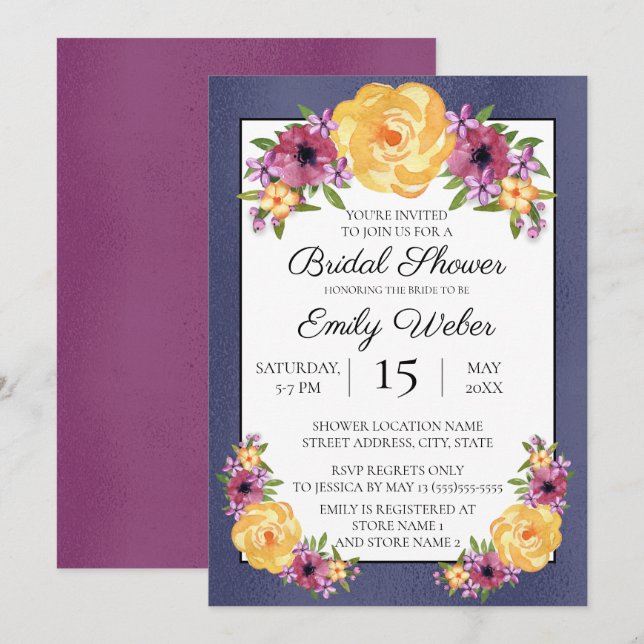 Faire-part de mariage floral bleu violet jaune (Devant / Derrière)