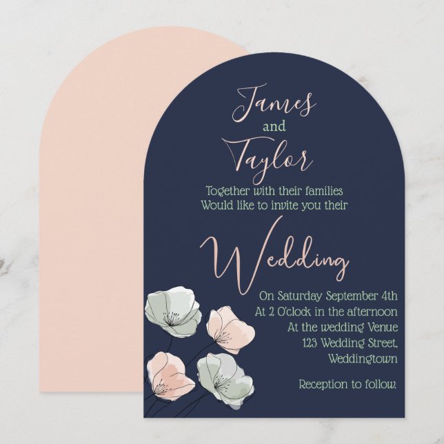 Faire-part de mariage floral Blush et Sage Navy (Devant / Derrière)