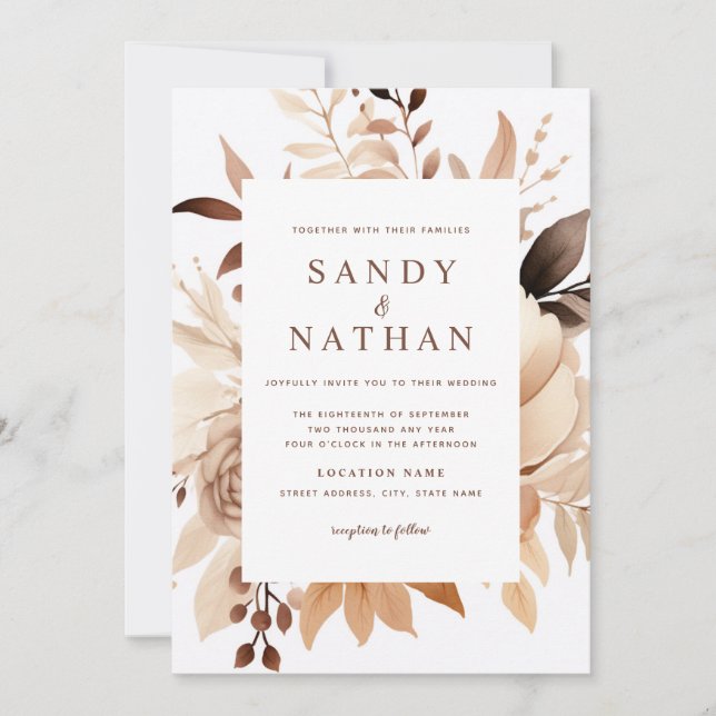 Faire-part de mariage floral bohème beige moderne (Devant)