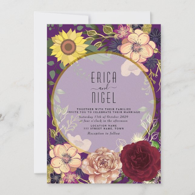 Faire-part de mariage floral bohème violet (Devant)