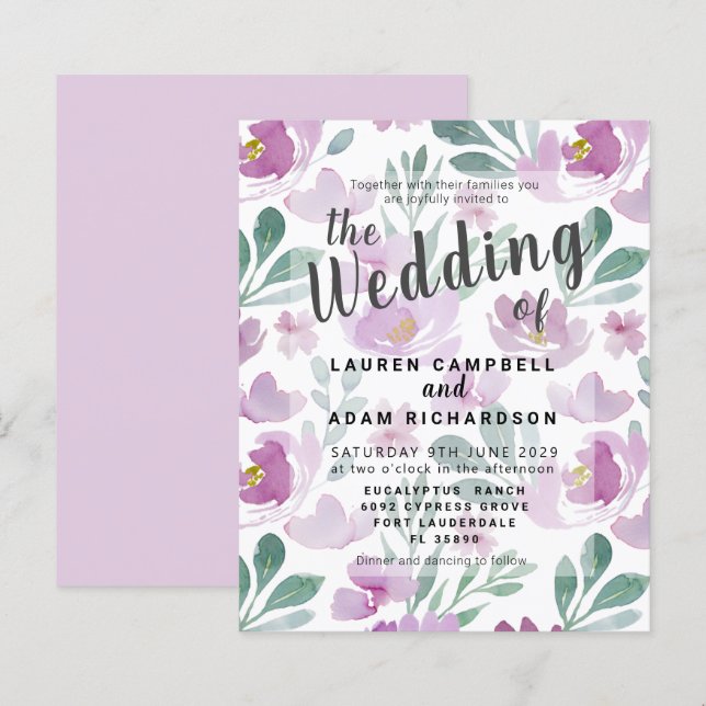 Faire-part de mariage floral bohème violet à petit (Devant / Derrière)