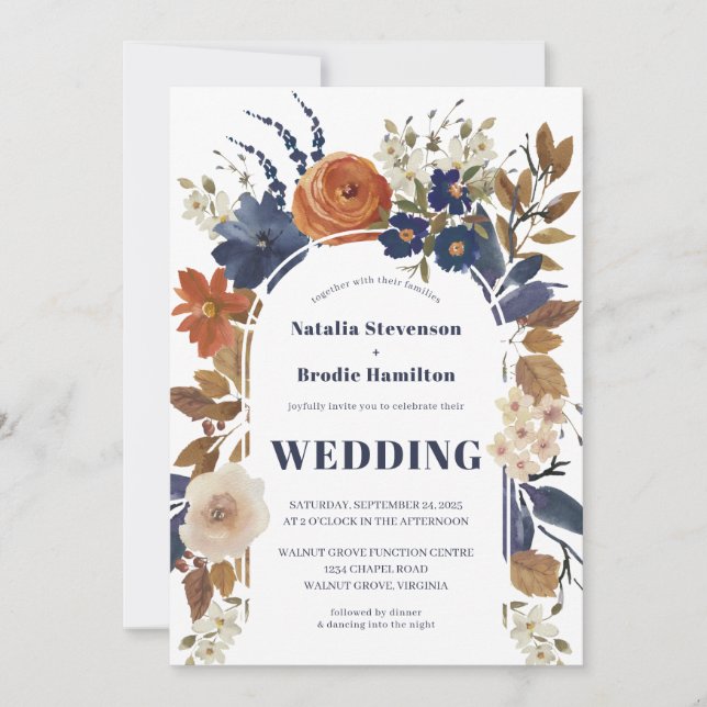 Faire-part de mariage Floral Boho bleu rouille (Devant)