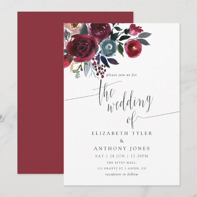 Faire-part de mariage floral Boho Chic Bourgogne e (Devant / Derrière)