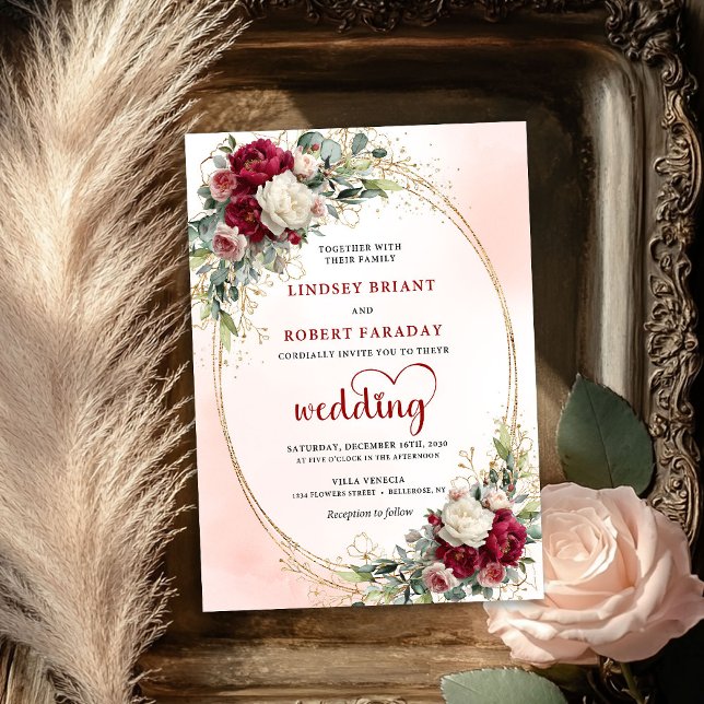 Faire-part de mariage floral boho chic Bourgogne t (Trendy Burgundy Boho Chic Floral Wedding Invite)